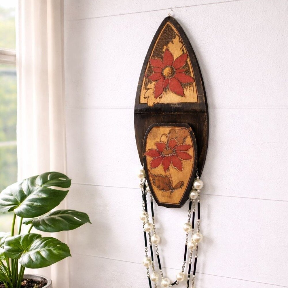 Vintage Boho Wooden Necklace Holder Floral Wall Decor Hand Painted Jewelry Rack